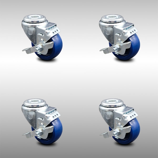 3 Inch SS Solid Polyurethane Wheel Swivel Bolt Hole Caster Set with Brake SCC